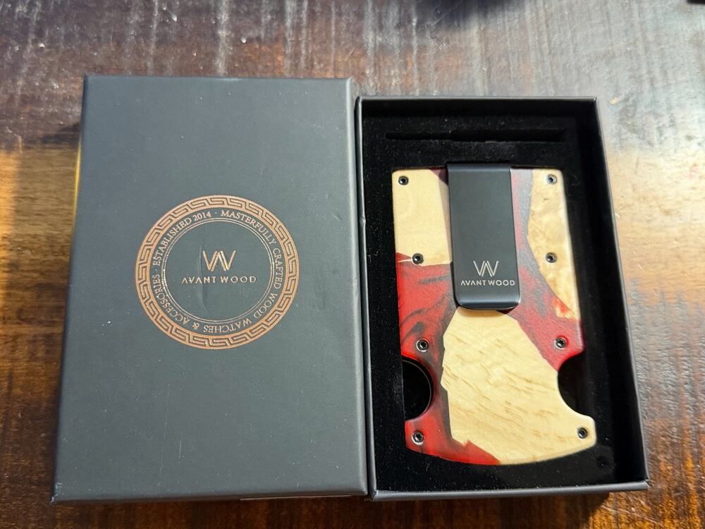 Avant Wood Minimalist Wallet Burl Wood Red Resin Card Holder Money Clip